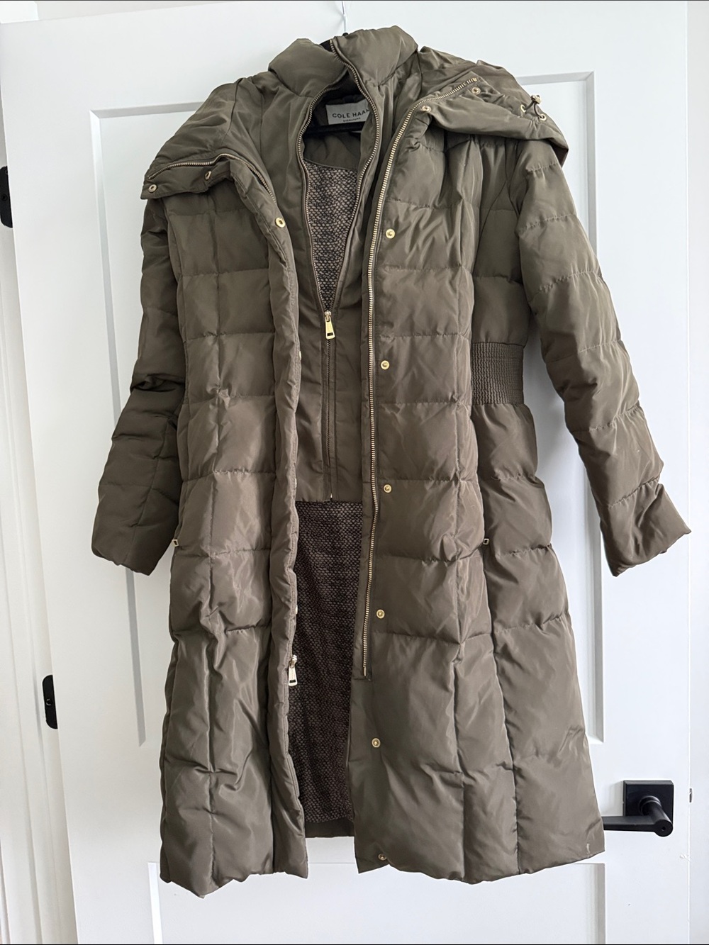 Cole Haan Olive Green Long Quilted Puffer Coat with Hood
